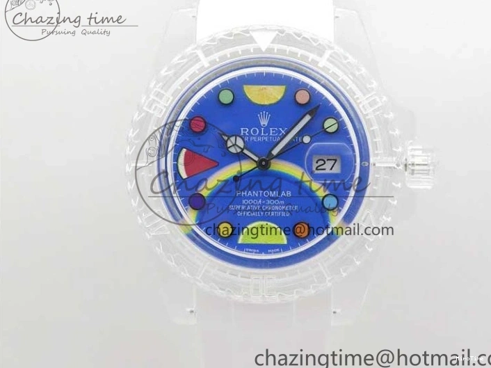 MiroTime 0123 Submariner Phantomlab Transparent KZF Best Edition Blue Fruit Dial on White Rubber Strap VR Classic 2563